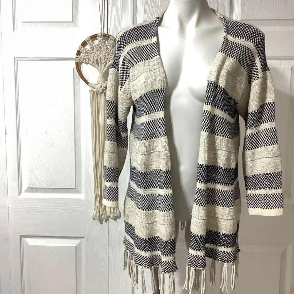 American Living Striped Blue Ivory Fringe Cardigan Sweater XL